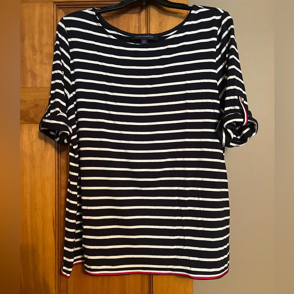 Tommy Hilfiger Navy and White Striped Tee with Red Accents